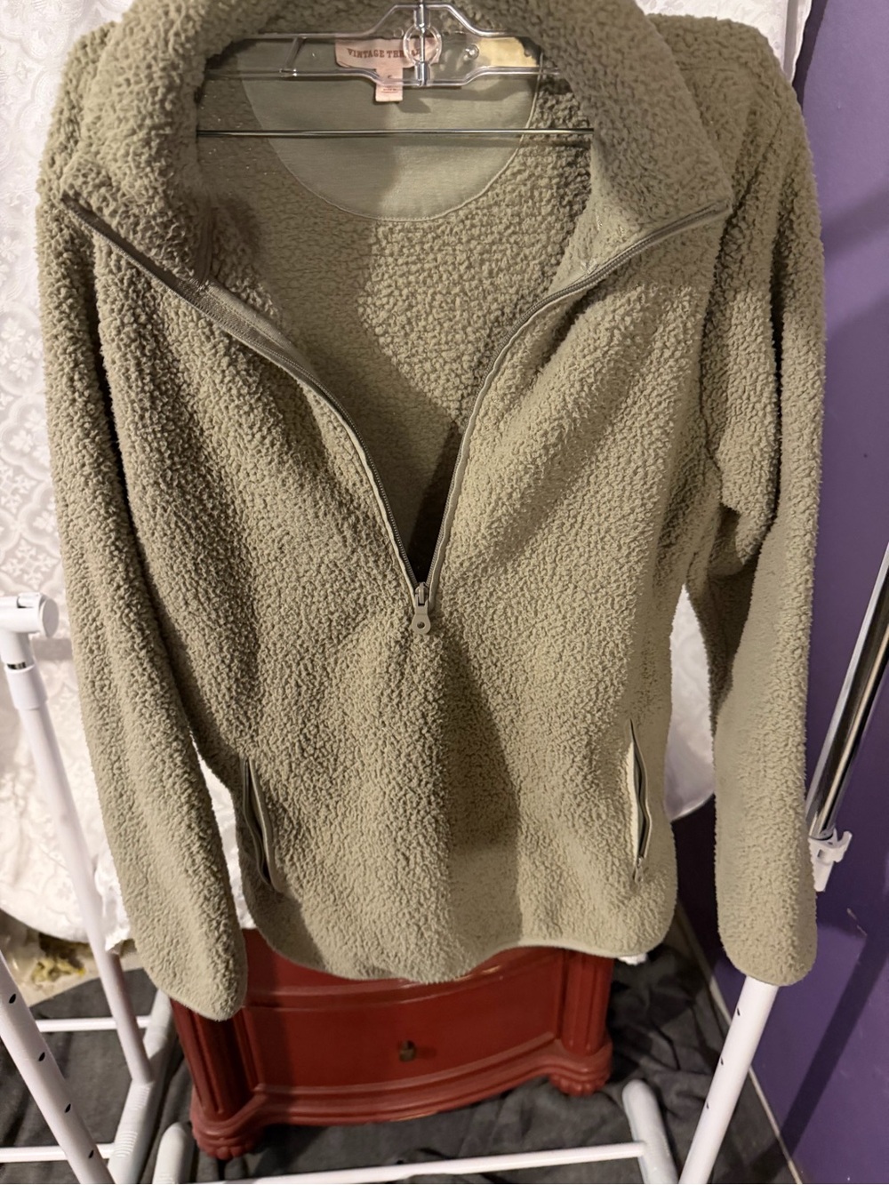 Olive Green Sherpa Quarter-Zip Pullover Jacket